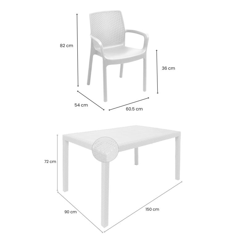 Set salotto da esterno Tarquinia, Salottino outdoor e indoor, Tavolo rettangolare fisso con 4 sedie impilabili, Made in Italy, Bianco