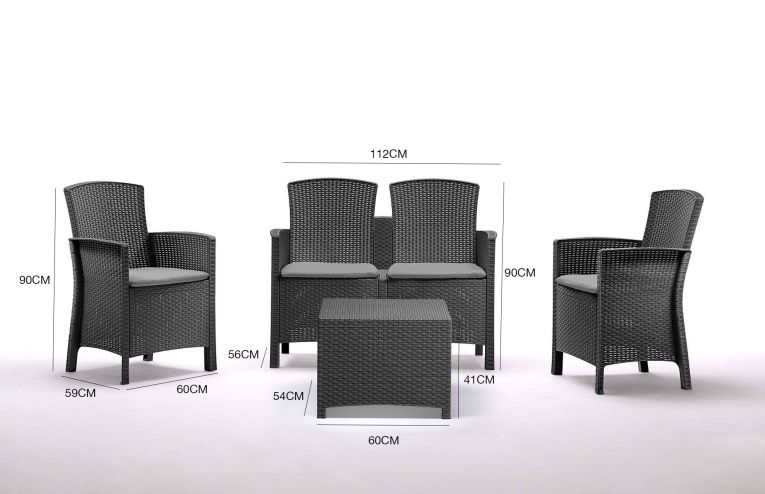 Set salotto da esterno Urano, Set da giardino con cuscini, Salottino indoor e outdoor effetto rattan, 100% Made in Italy, Antracite