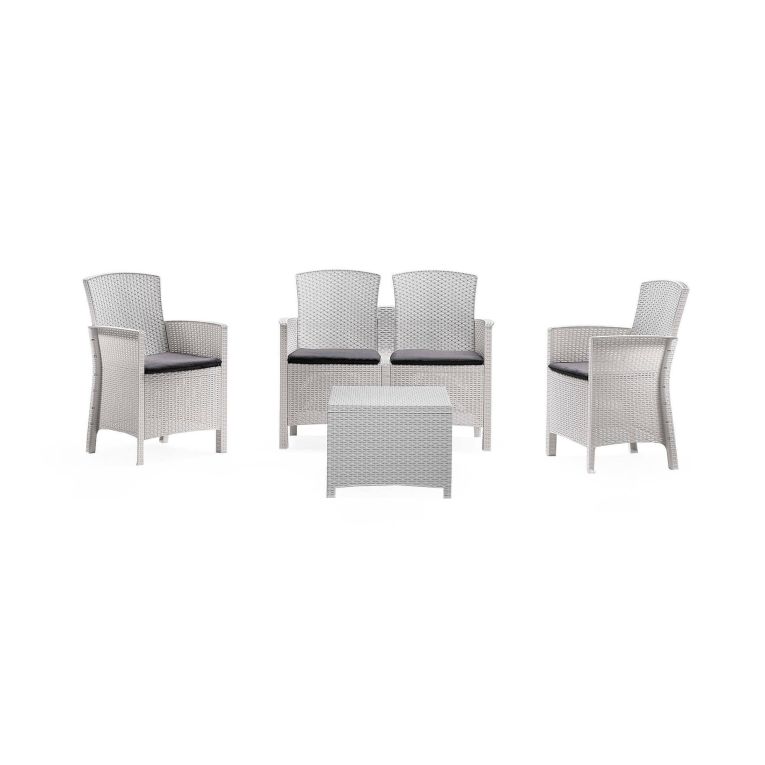 Set salotto da esterno Urano, Set da giardino con cuscini, Salottino indoor e outdoor effetto rattan, 100% Made in Italy, Bianco