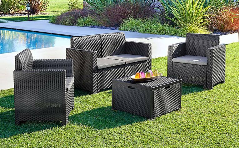 Set salotto da esterno Venere, Set da giardino con cuscini, Salottino indoor e outdoor effetto rattan, 100% Made in Italy, Antracite