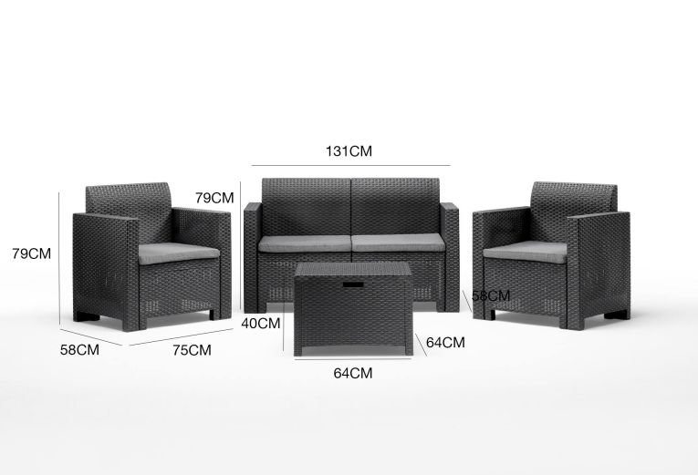 Set salotto da esterno Venere, Set da giardino con cuscini, Salottino indoor e outdoor effetto rattan, 100% Made in Italy, Antracite