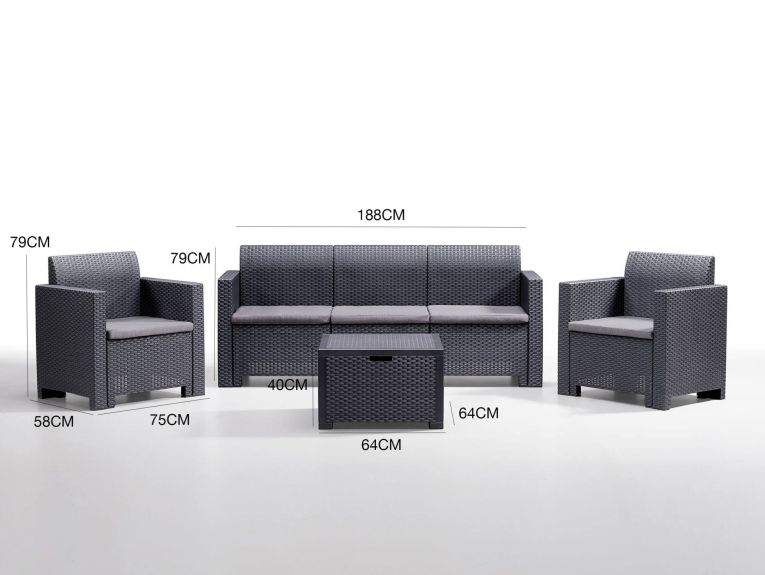 Set salotto da esterno Venus, Set da giardino con cuscini, Salottino indoor e outdoor effetto rattan, 100% Made in Italy, Antracite