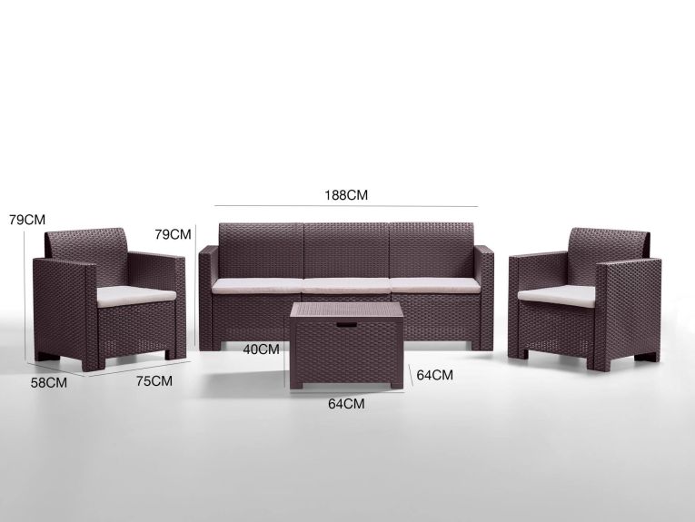 Set salotto da esterno Venus, Set da giardino con cuscini, Salottino indoor e outdoor effetto rattan, 100% Made in Italy, Marrone