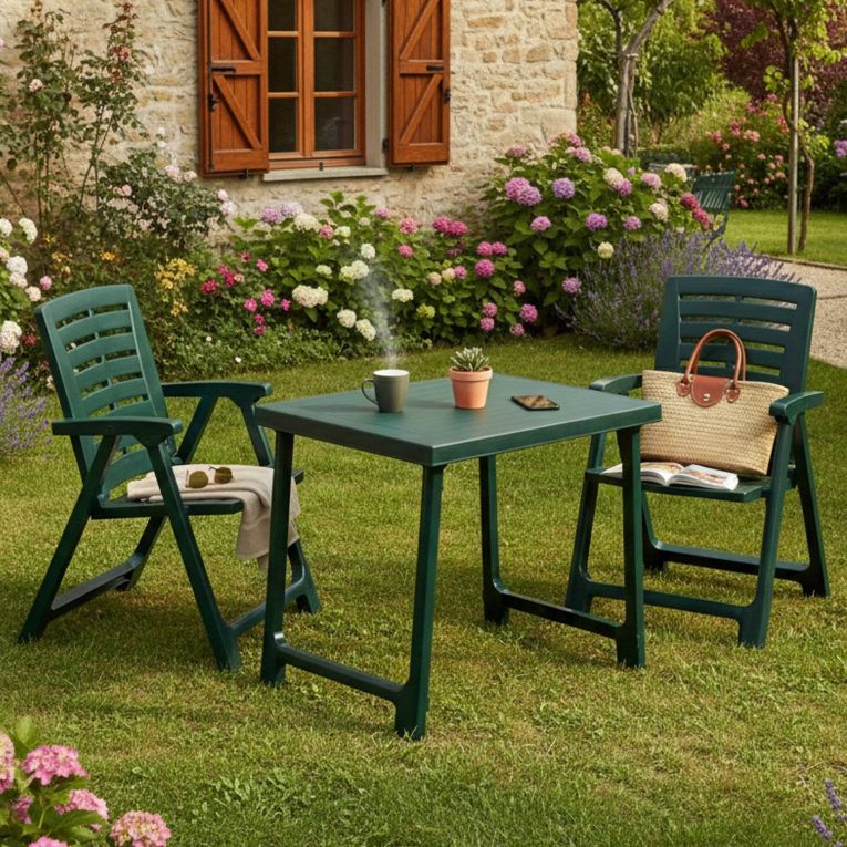 Set Salotto da Esterno Verde Antracite 2 Posti un Tavolino, set da Campeggio Bistrot Made in Italy - Lithia