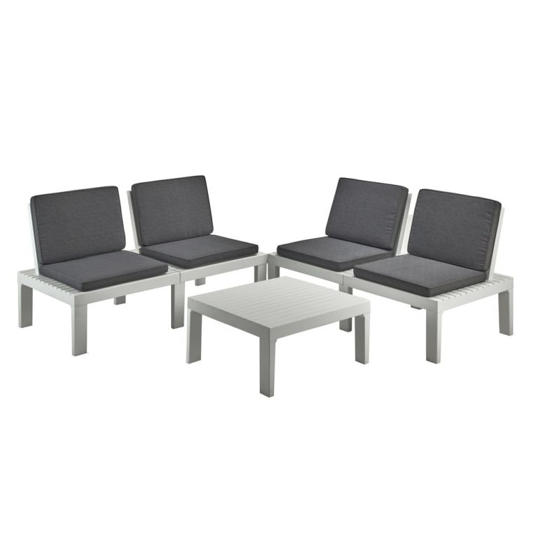 Set salotto da esterno Vigevano, Set da giardino con 4 sedute con schienale ed 1 modulo multifunzione, Salottino con cuscini, 100% Made in Italy, Bianco