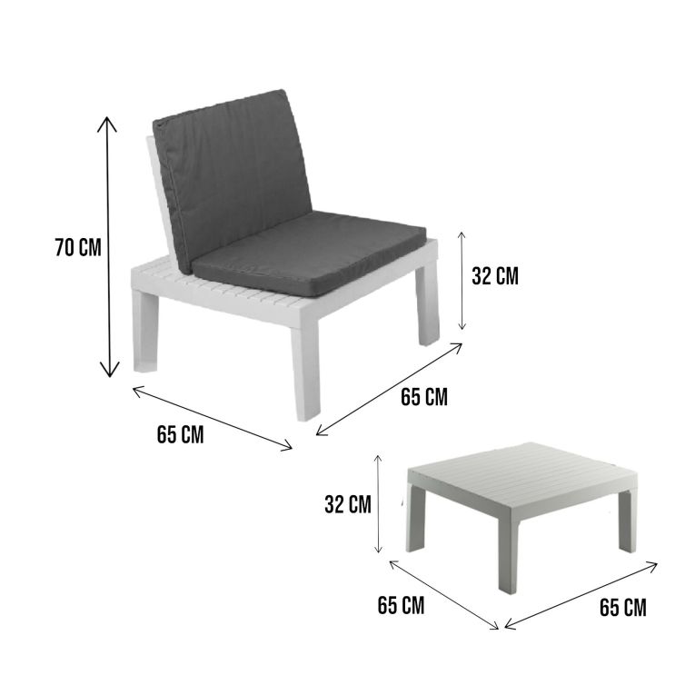 Set salotto da esterno Vigevano, Set da giardino con 4 sedute con schienale ed 1 modulo multifunzione, Salottino con cuscini, 100% Made in Italy, Bianco
