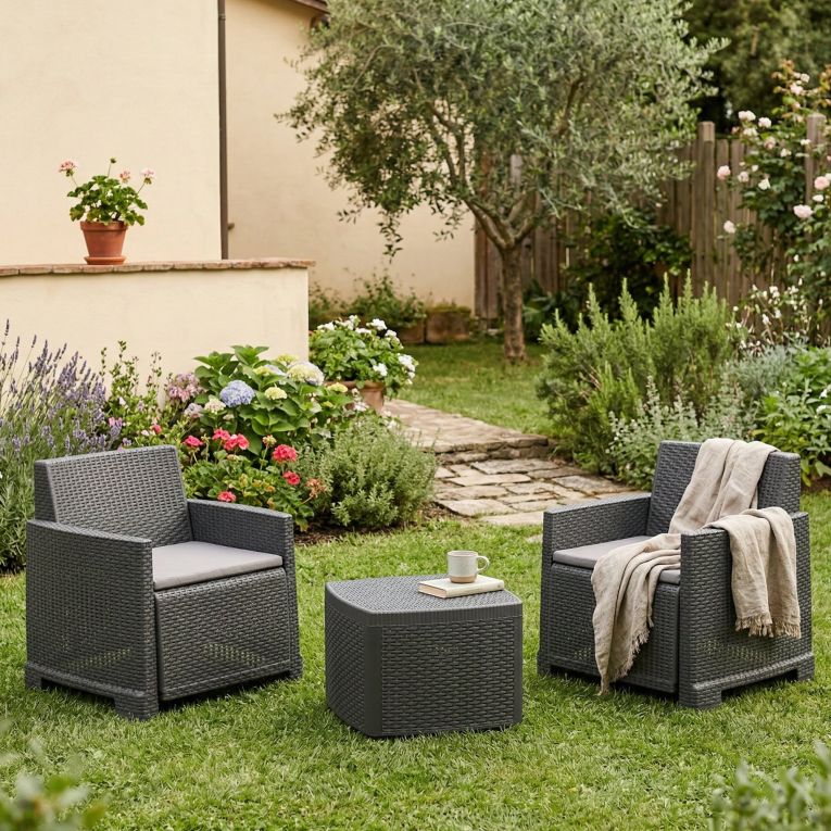 Set salotto esterno 2 poltroncine e 1 tavolino contenitore antracite - Ari