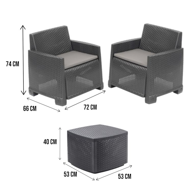 Set salotto esterno 2 poltroncine e 1 tavolino contenitore antracite - Ari