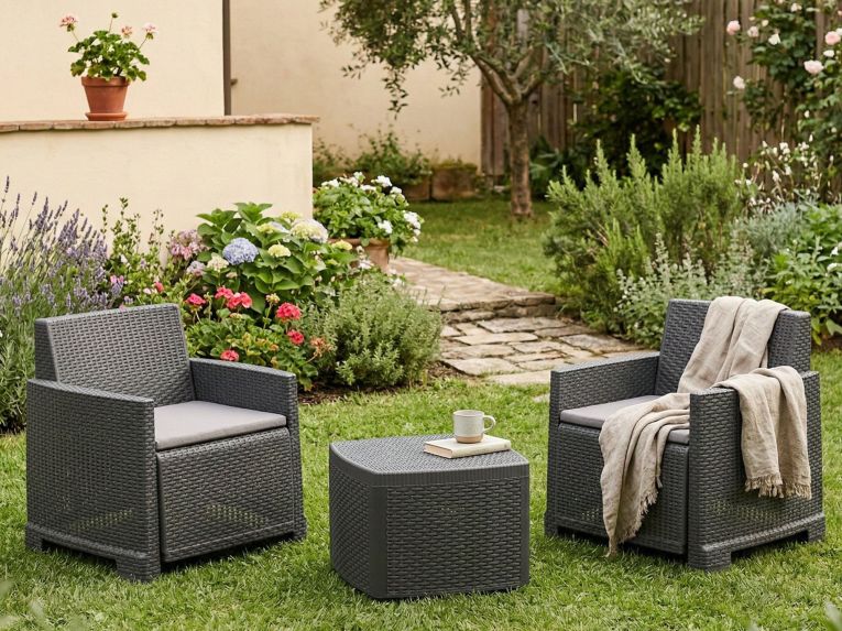 Set salotto esterno 2 poltroncine e 1 tavolino contenitore antracite - Ari