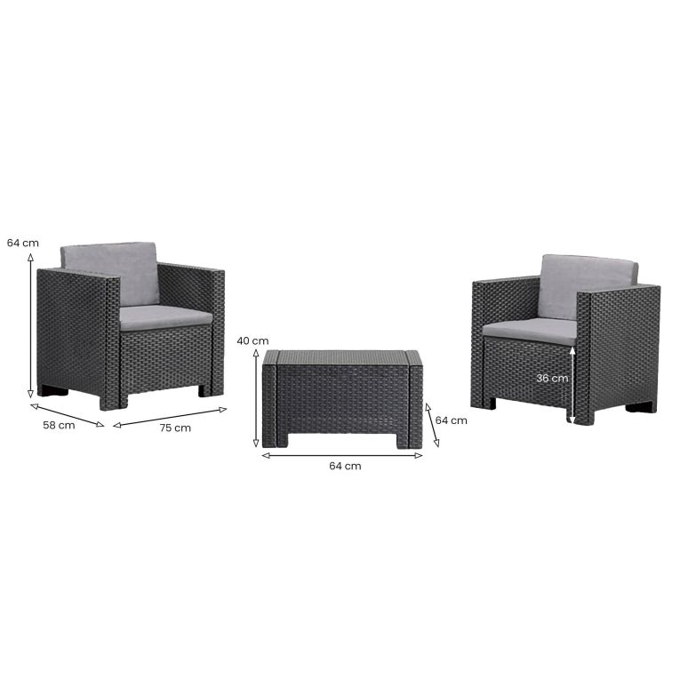 Set salotto esterno 2 posti e 1 tavolo effetto rattan antracite - Camini