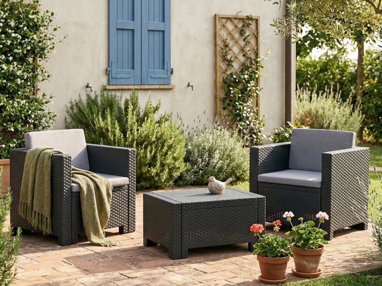 Set salotto esterno 2 posti e 1 tavolo effetto rattan antracite - Camini
