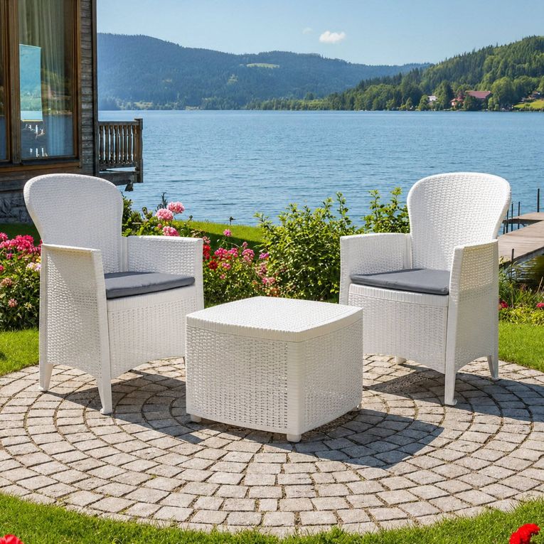 Set salotto esterno 2 posti e 1 tavolo effetto rattan bianco - Anny
