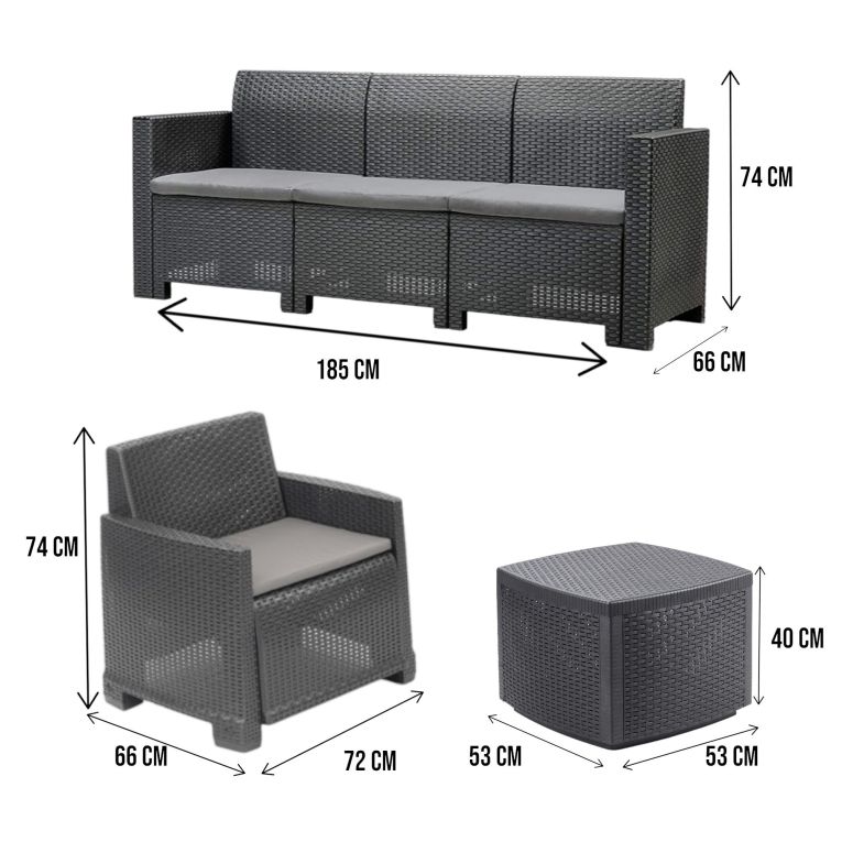 Set salotto esterno 5 posti e 1 tavolo effetto rattan antracite - Akay