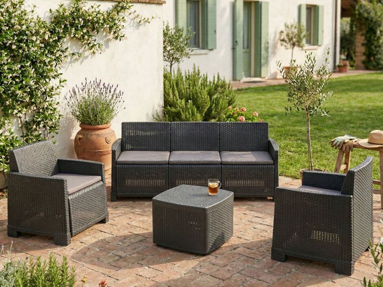 Set salotto esterno 5 posti e 1 tavolo effetto rattan antracite - Akay