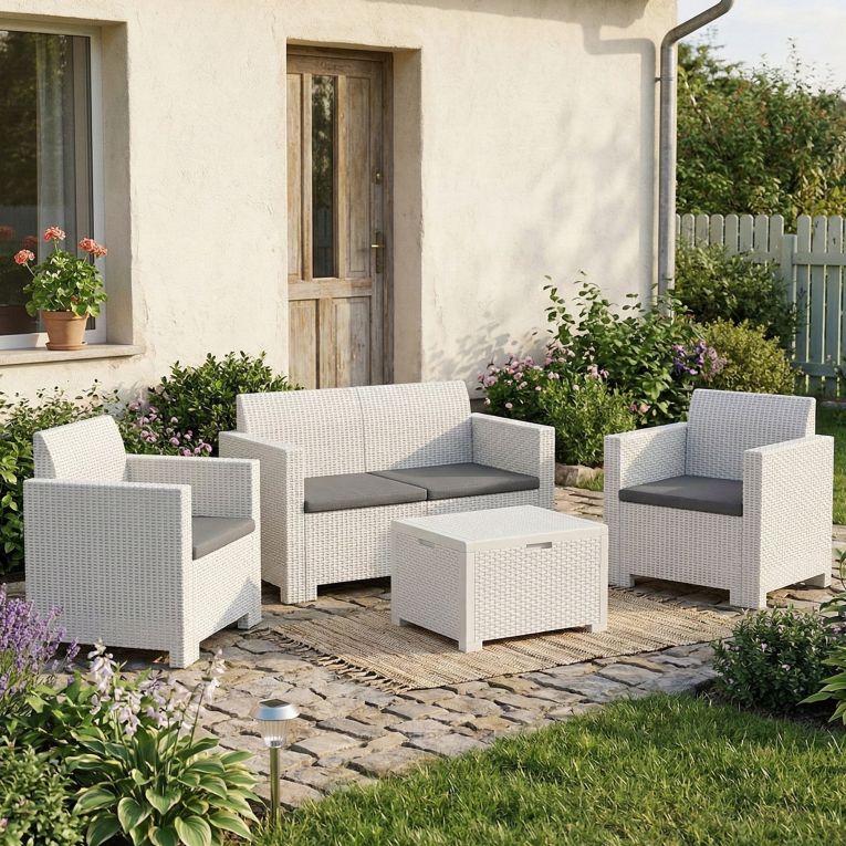 Set salotto esterno poltrone e divano con tavolino contenitore bianco - Gazania