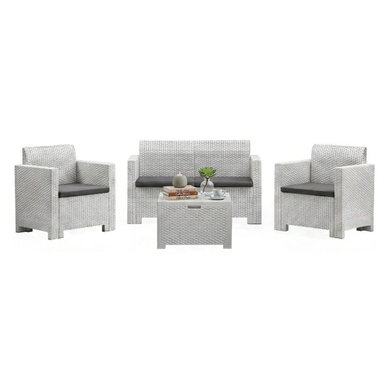 Set salotto esterno poltrone e divano con tavolino contenitore bianco - Gazania