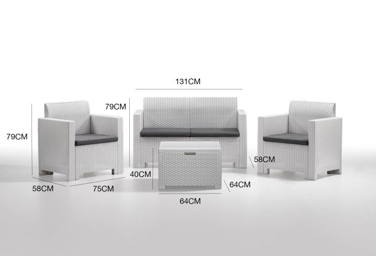 Set salotto esterno poltrone e divano con tavolino contenitore bianco - Gazania
