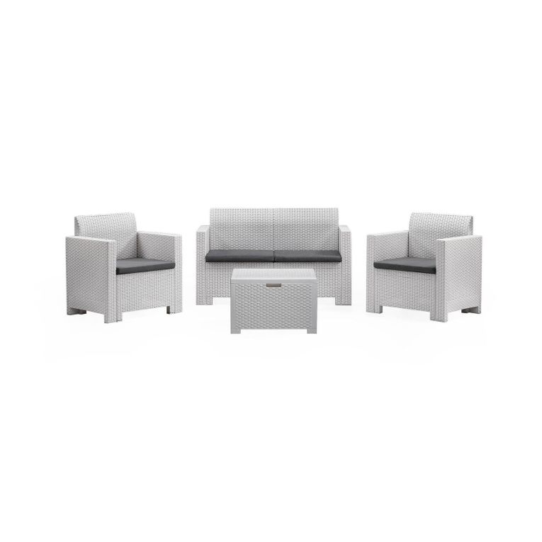 Set salotto esterno poltrone e divano con tavolino contenitore bianco - Gazania