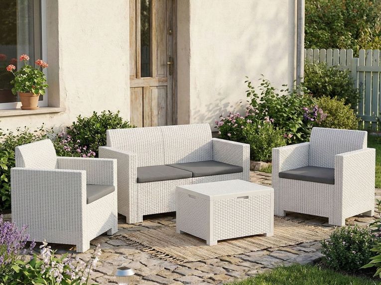 Set salotto esterno poltrone e divano con tavolino contenitore bianco - Gazania