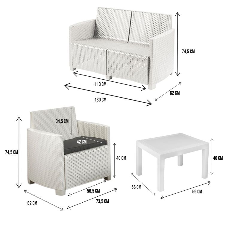 Set salotto giardino 4 posti e 1 tavolo effetto rattan bianco - Atrito