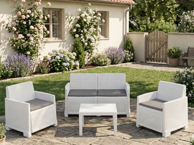 Set salotto giardino 4 posti e 1 tavolo effetto rattan bianco - Atrito
