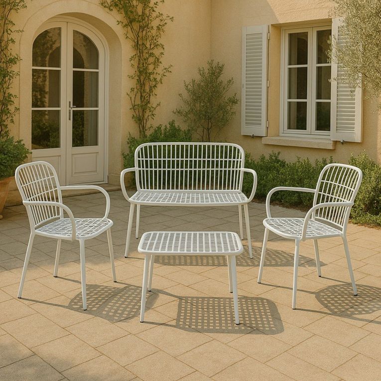 Set salotto giardino minimal 2 poltrone e 1 panchina bianco - Jurij