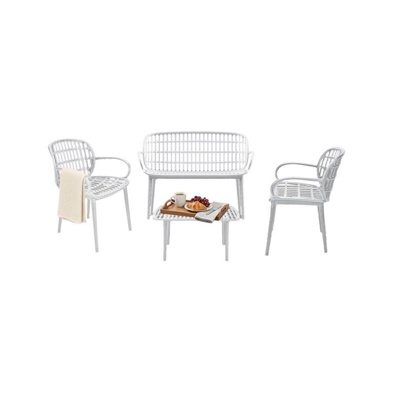 Set salotto giardino minimal 2 poltrone e 1 panchina bianco - Jurij