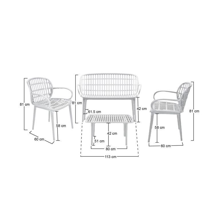 Set salotto giardino minimal 2 poltrone e 1 panchina bianco - Jurij