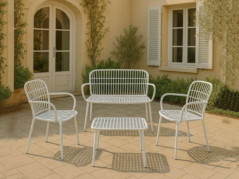 Set salotto giardino minimal 2 poltrone e 1 panchina bianco - Jurij