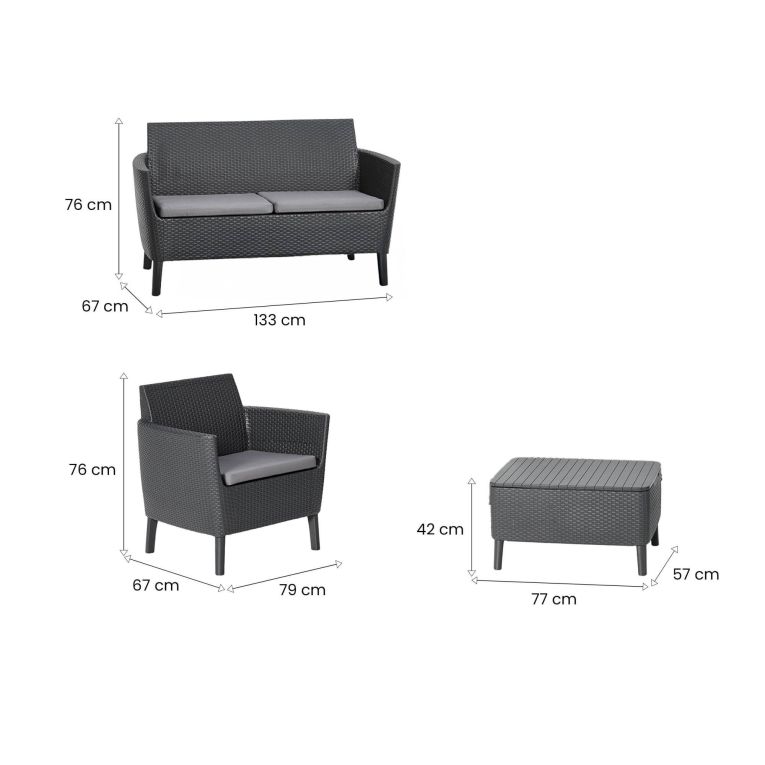 Set salotto giardino poltrone e divano con tavolino contenitore antracite - Whitby