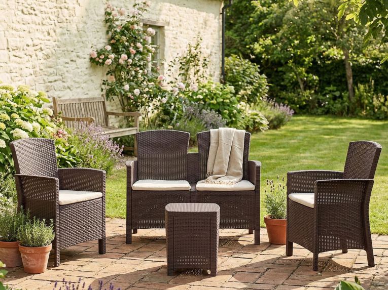 Set salotto terrazza 2 poltrone e 1 divano effetto rattan marrone - Eustachia