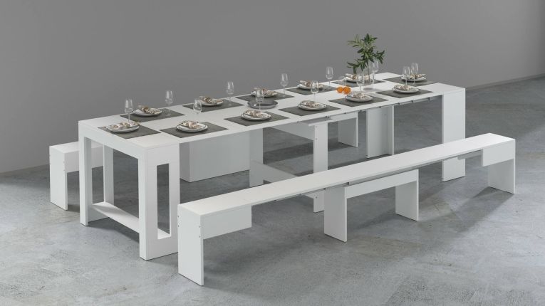 Set tavolo da pranzo allungabile e 2 panche allungabili bianco lucido 12 posti - Auditore