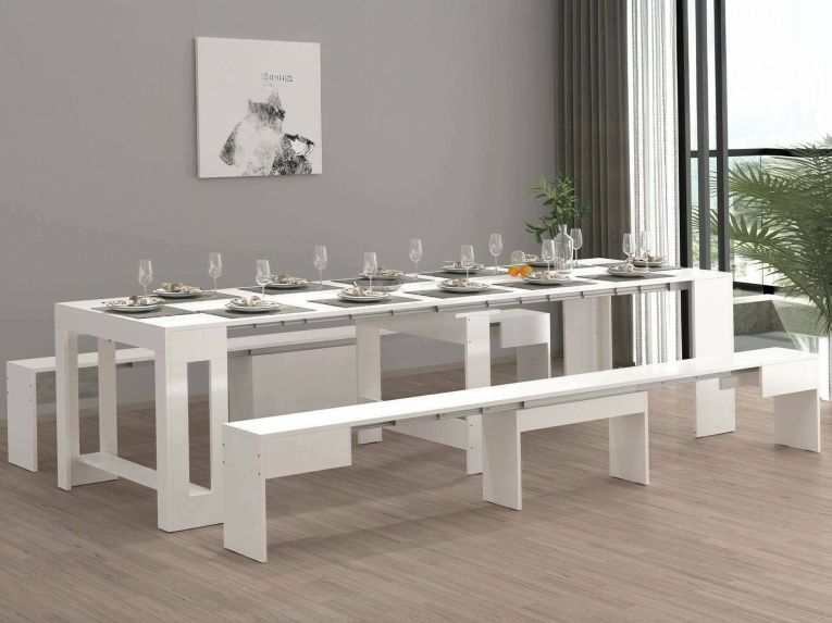 Set tavolo da pranzo allungabile e 2 panche allungabili bianco lucido 12 posti - Auditore