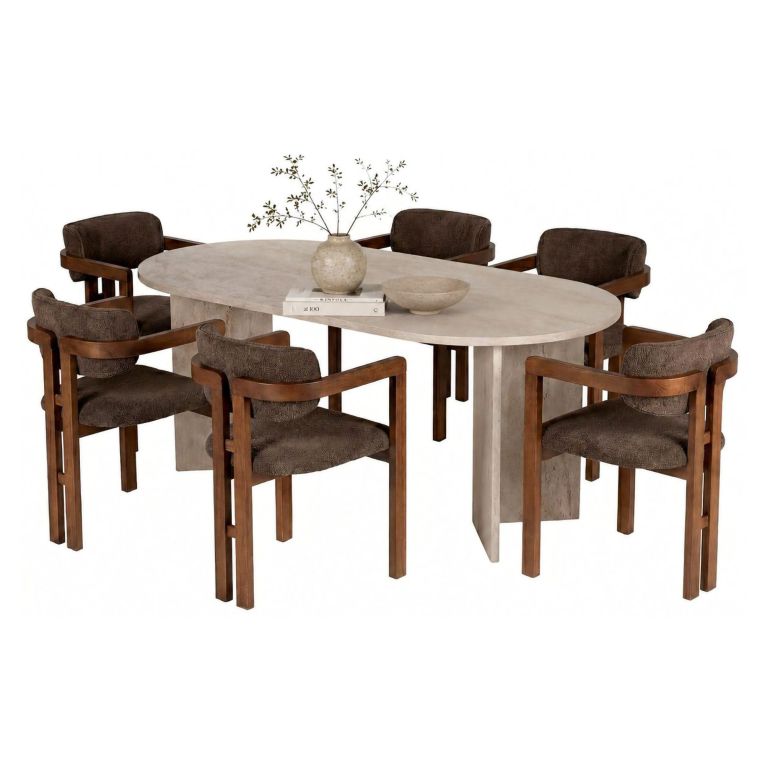 Set Tavolo e Sedie Beige Marmo 6 Posti Sedie Effetto Bouclè, Dimensione Seduta 54x54h76 cm - Nohanoso