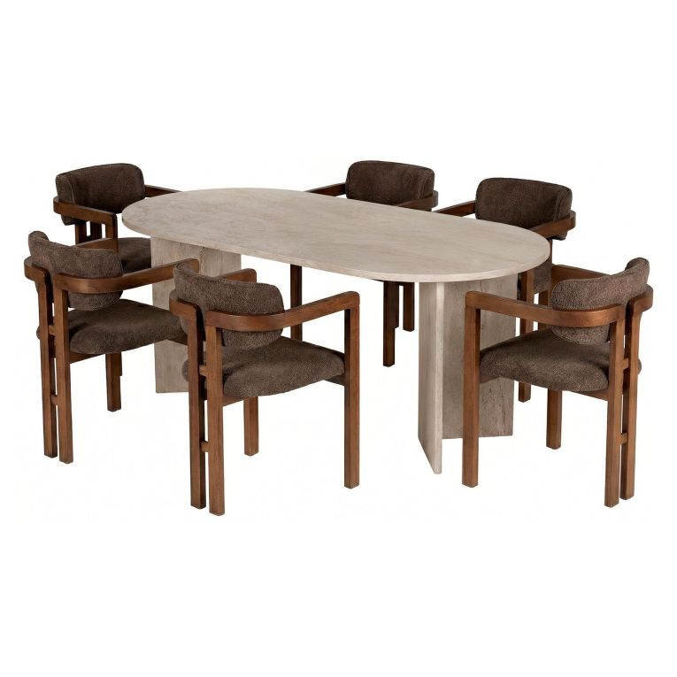 Set Tavolo e Sedie Beige Marmo 6 Posti Sedie Effetto Bouclè, Dimensione Seduta 54x54h76 cm - Nohanoso