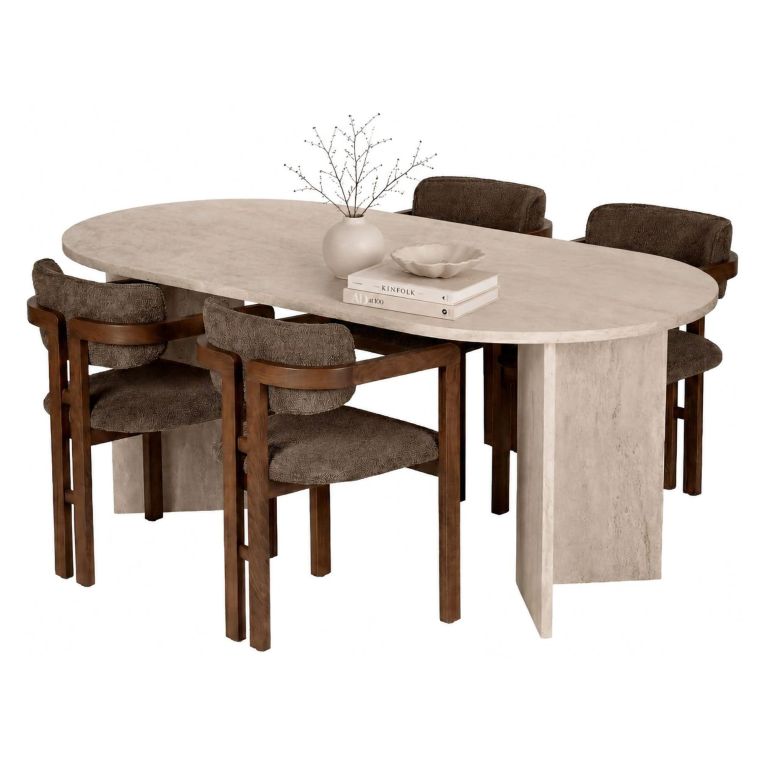Set Tavolo e Sedie Beige Marmo 6 Posti Sedie Effetto Bouclè, Dimensione Seduta 54x54h76 cm - Noharoha