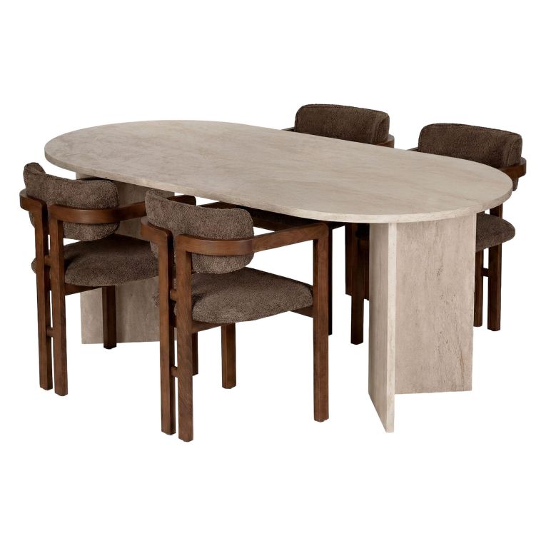 Set Tavolo e Sedie Beige Marmo 6 Posti Sedie Effetto Bouclè, Dimensione Seduta 54x54h76 cm - Noharoha