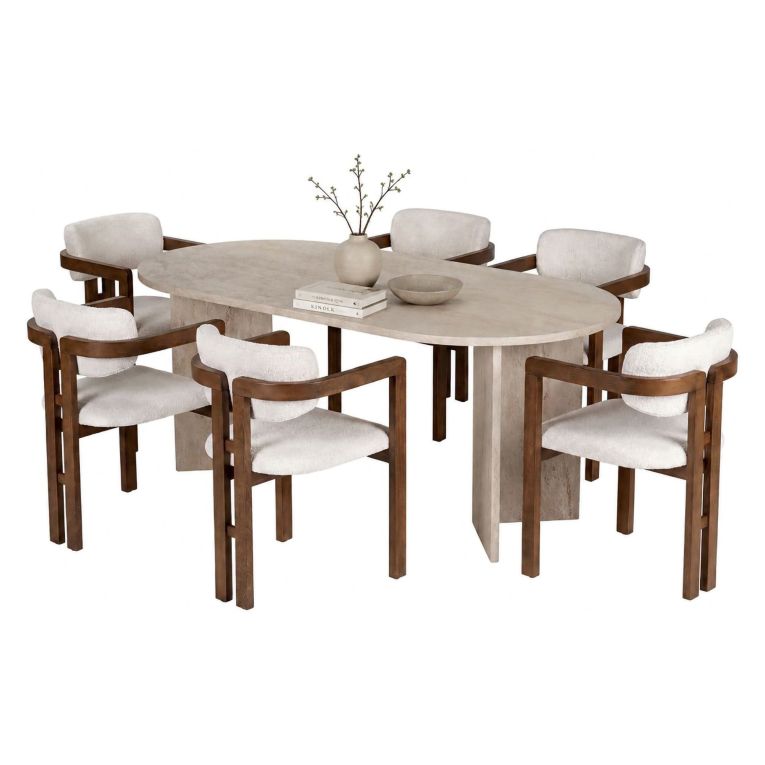 Set Tavolo e Sedie Beige Marmo Bianco 6 Posti Sedie Effetto Bouclè, Dimensione Seduta 54x54h76 cm - Nohanoso