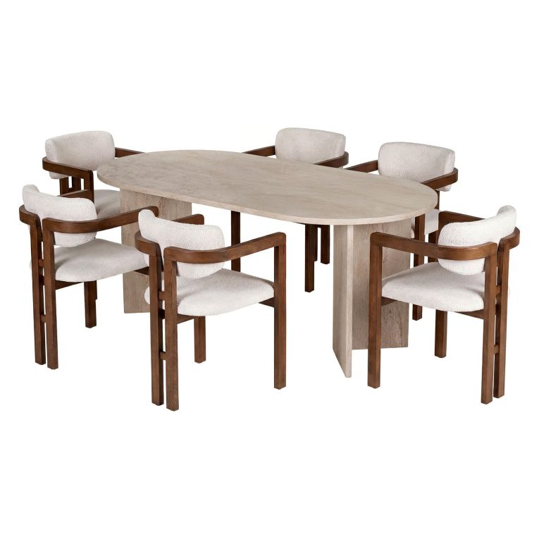 Set Tavolo e Sedie Beige Marmo Bianco 6 Posti Sedie Effetto Bouclè, Dimensione Seduta 54x54h76 cm - Nohanoso