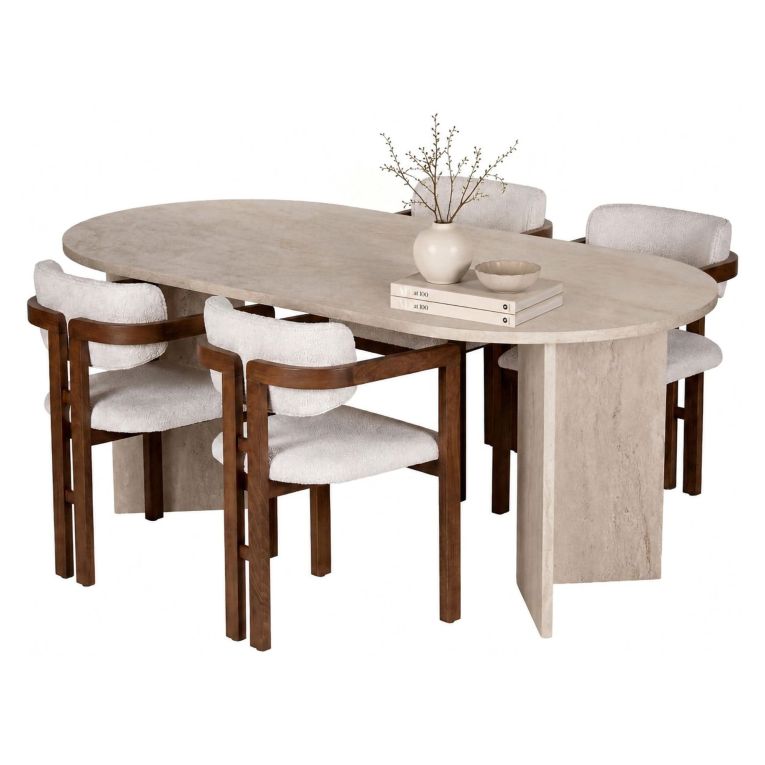 Set Tavolo e Sedie Beige Marmo Bianco 6 Posti Sedie Effetto Bouclè, Dimensione Seduta 54x54h76 cm - Noharoha