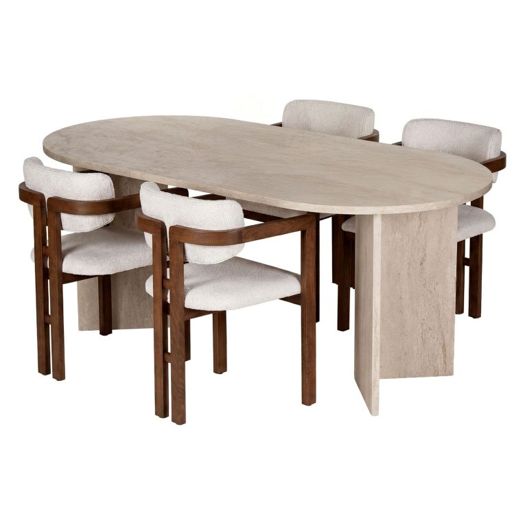 Set Tavolo e Sedie Beige Marmo Bianco 6 Posti Sedie Effetto Bouclè, Dimensione Seduta 54x54h76 cm - Noharoha