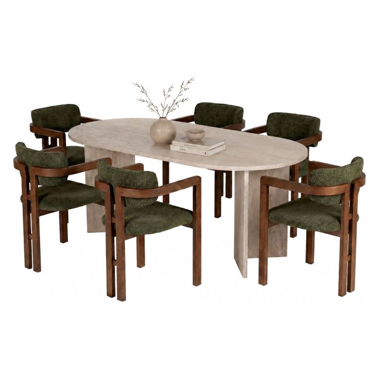 Set Tavolo e Sedie Beige Marmo Verde 6 Posti Sedie Effetto Bouclè, Dimensione Seduta 54x54h76 cm - Nohanoso