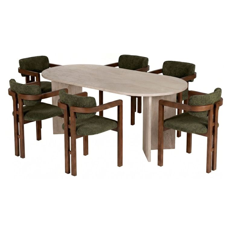 Set Tavolo e Sedie Beige Marmo Verde 6 Posti Sedie Effetto Bouclè, Dimensione Seduta 54x54h76 cm - Nohanoso