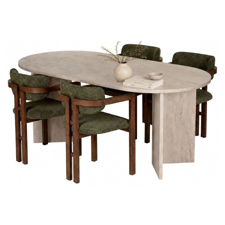 Set Tavolo e Sedie Beige Marmo Verde 6 Posti Sedie Effetto Bouclè, Dimensione Seduta 54x54h76 cm - Noharoha