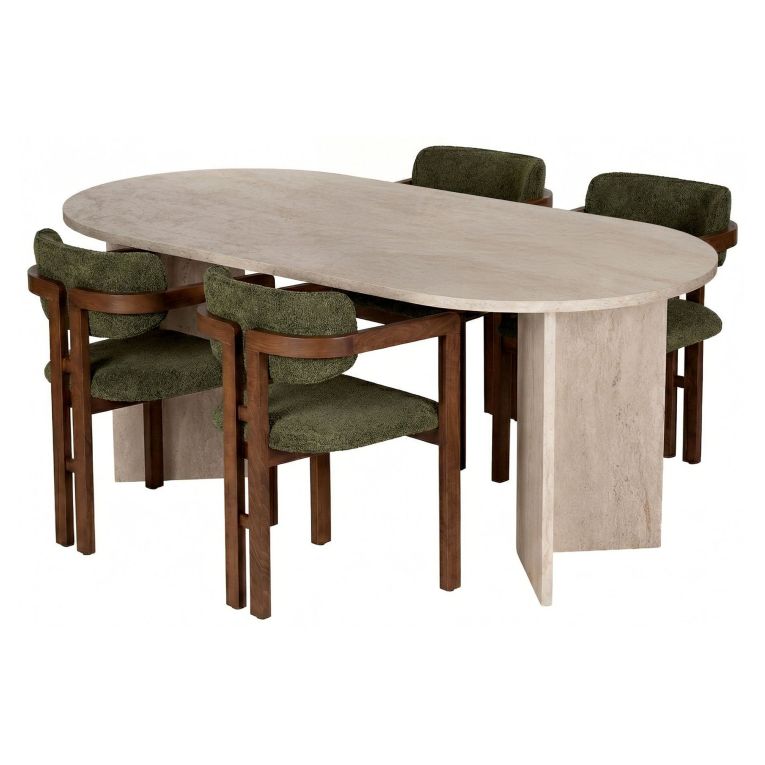 Set Tavolo e Sedie Beige Marmo Verde 6 Posti Sedie Effetto Bouclè, Dimensione Seduta 54x54h76 cm - Noharoha