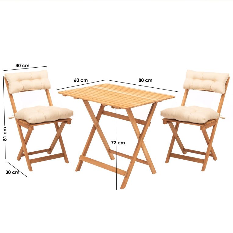 Set Tavolo e Sedie Bianco Crema 2 Posti Dimensione Seduta 40x30h81 cm, Dimensione Tavolo 80x60h72 cm - Nazzano