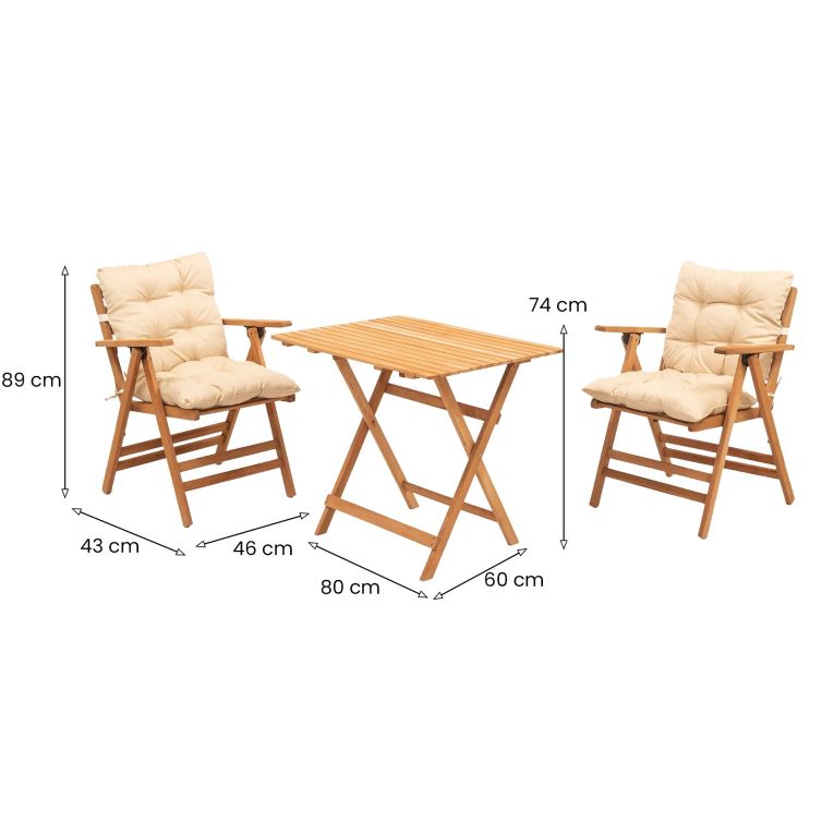 Set Tavolo e Sedie Bianco Crema 2 Posti Dimensione Seduta 46x43h89 cm, Dimensione Tavolo 80x60h74 cm - Roana
