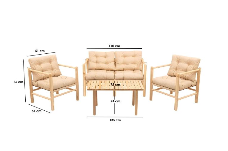 Set Tavolo e Sedie Bianco Crema 4 Posti Dimensione Seduta 110x51h86 cm, Dimensione Tavolo 135x75h74 cm - Frigento