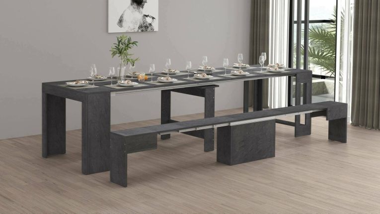 Set tavolo e sedie Crispin, Composizione multiuso, Set con consolle e 1 panca allungabili, 100% Made in Italy, 66x25h45 cm, Ardesia