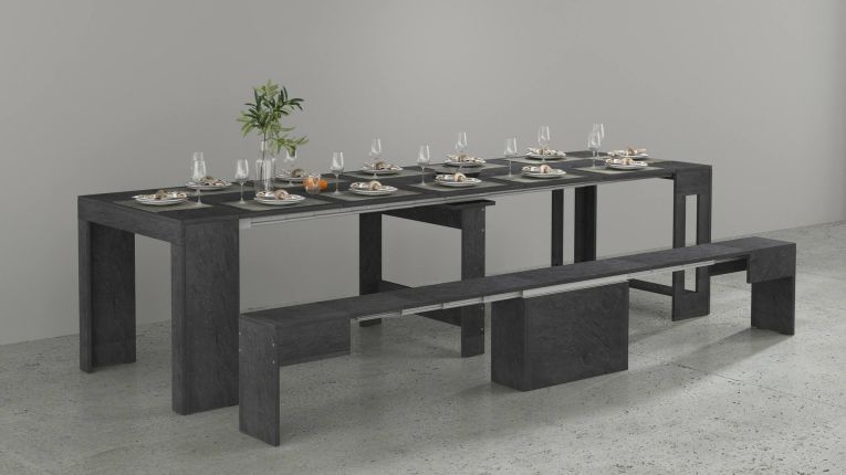Set tavolo e sedie Crispin, Composizione multiuso, Set con consolle e 1 panca allungabili, 100% Made in Italy, 66x25h45 cm, Ardesia